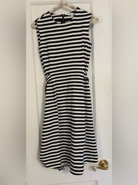 Trenery Black & White Striped Sleeveless Fit Flare Midi Dress XXS French Girl